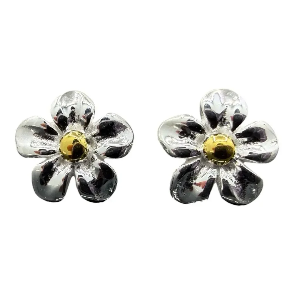 Daisy Stud Earrings 925 Sterling Silver Small Flowers Brass Accents